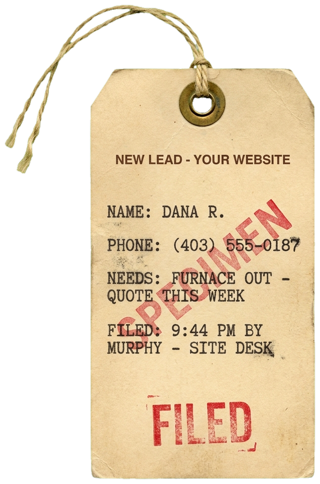 A manila lead-slip tag stamped SPECIMEN and FILED: new lead from your website — name Dana R., phone (403) 555-0187, needs furnace out, quote this week. Filed 9:44 PM by Murphy, site desk.